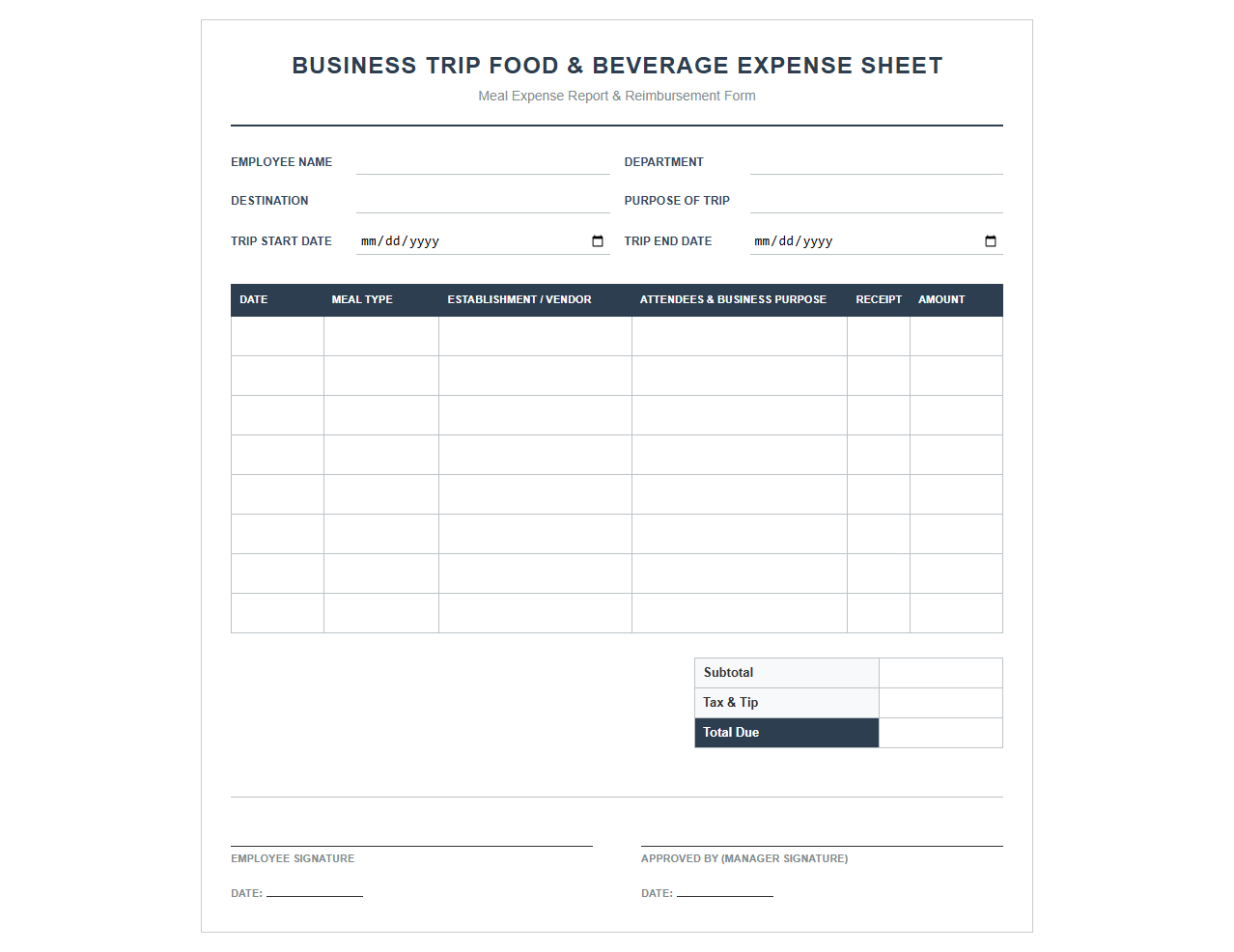 Business Trip Food and Beverage Expense Sheet