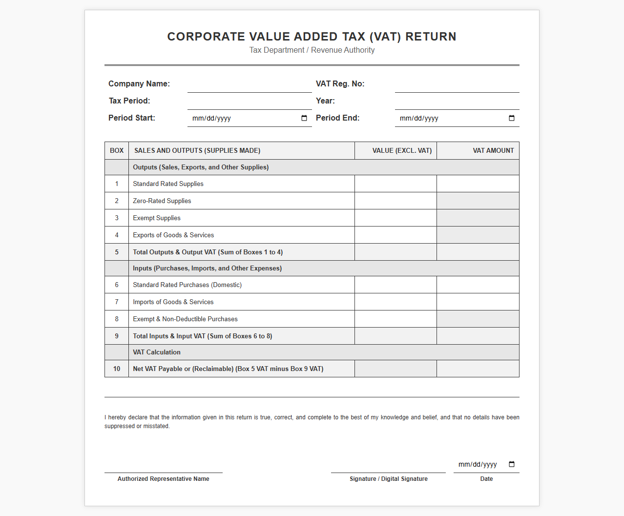 Business VAT Return Template
