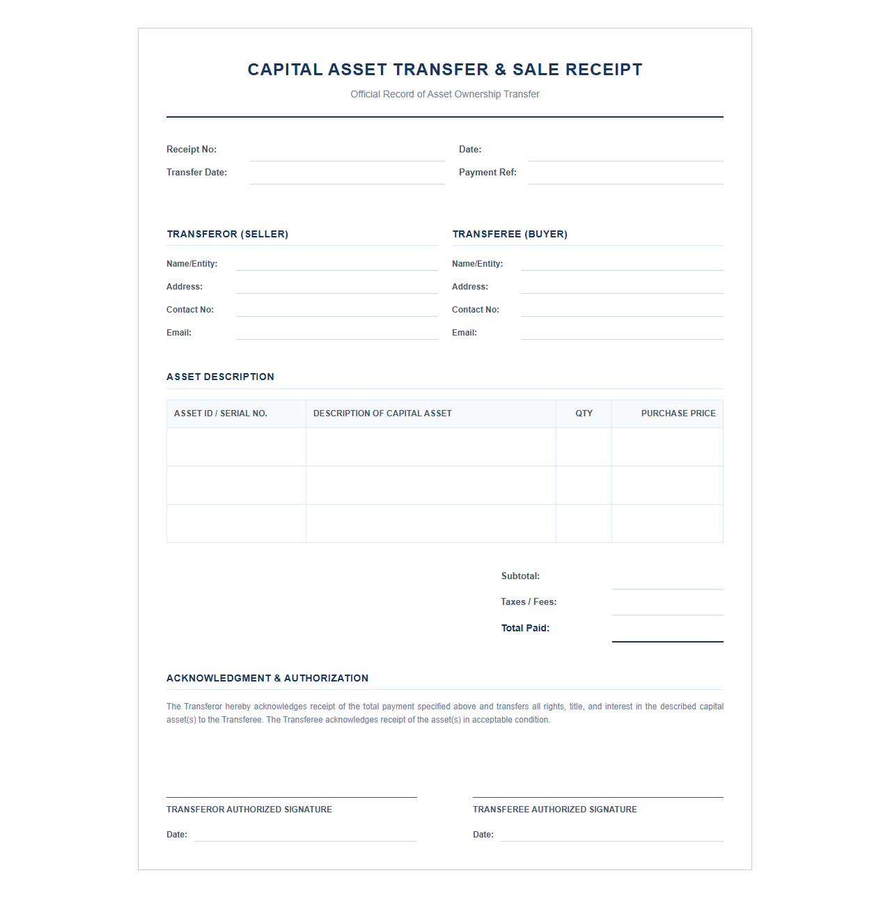 Capital Asset Transfer and Sale Receipt
