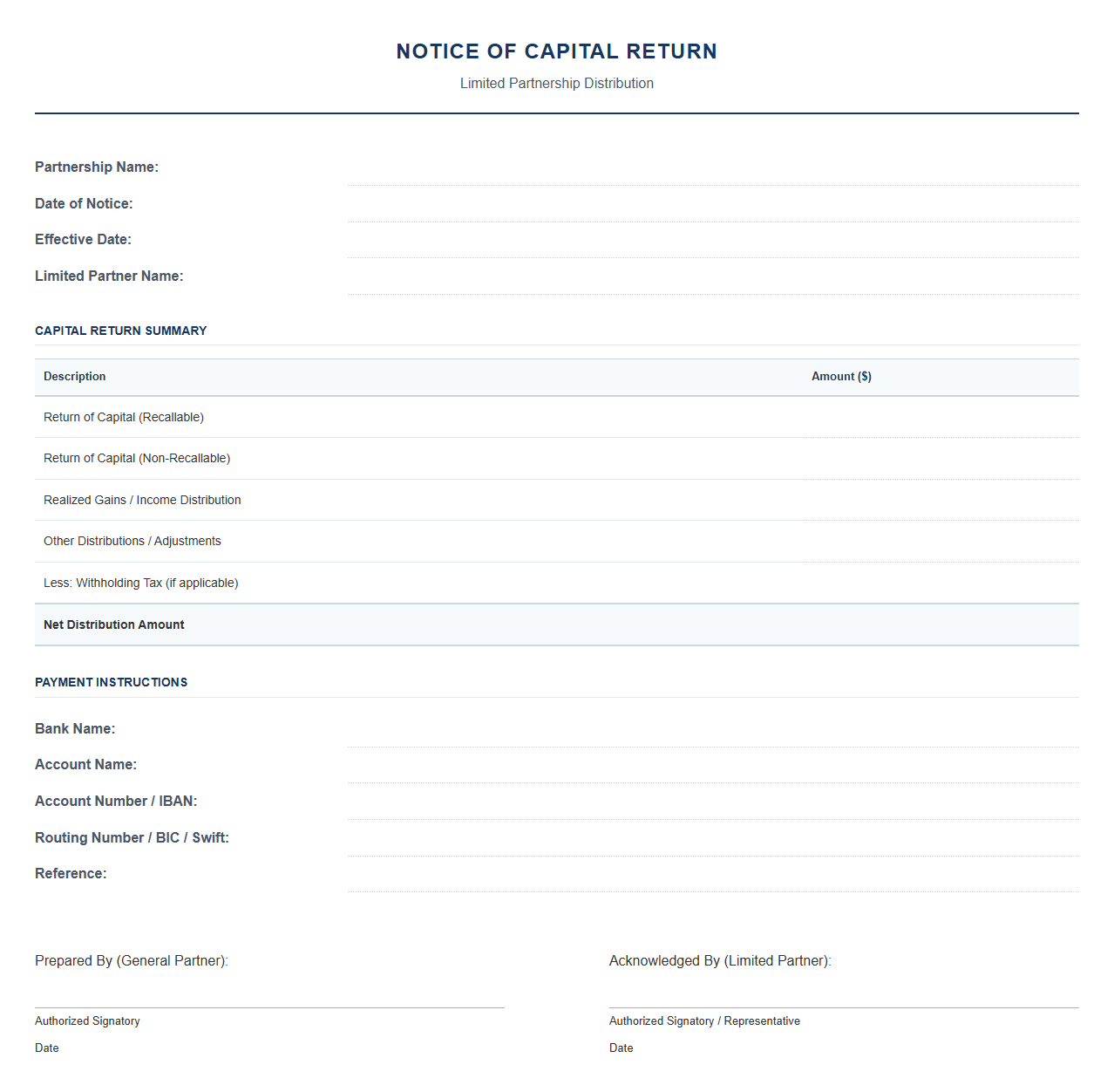 Capital Return Template for Limited Partnerships