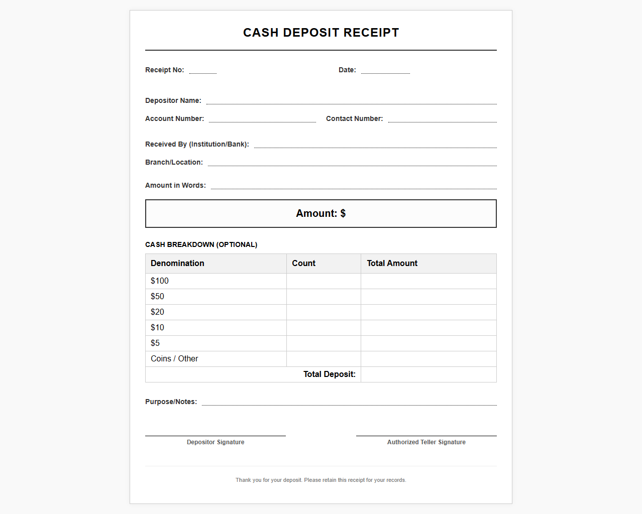 Cash Deposit Payment Receipt Template