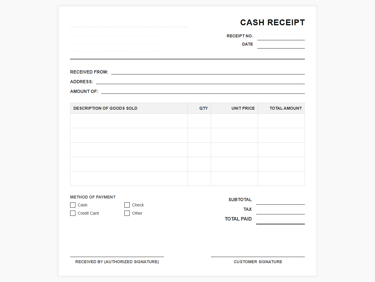 Cash Receipt Template for Sold Goods