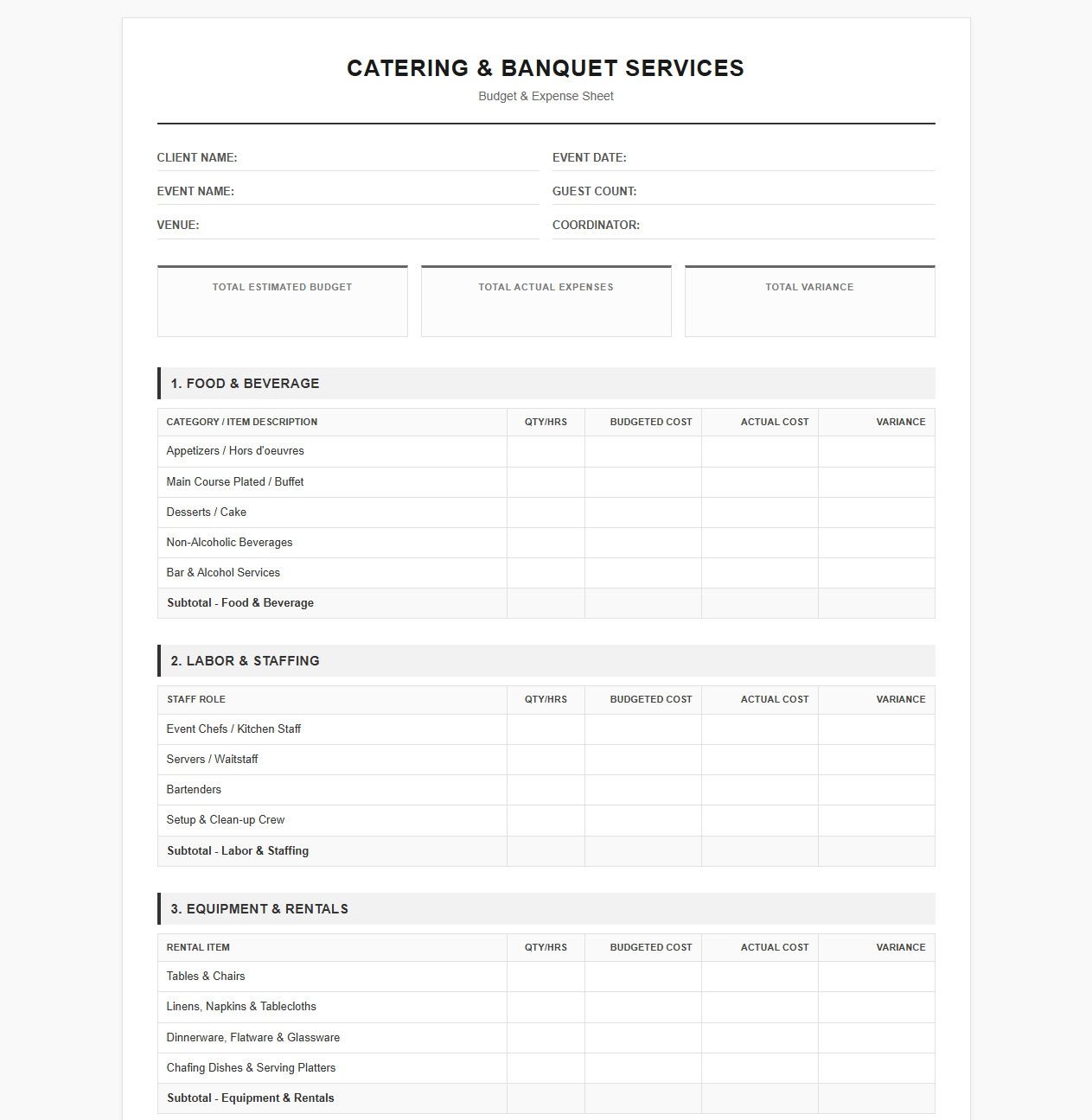 Catering Services Budget and Expense Sheet