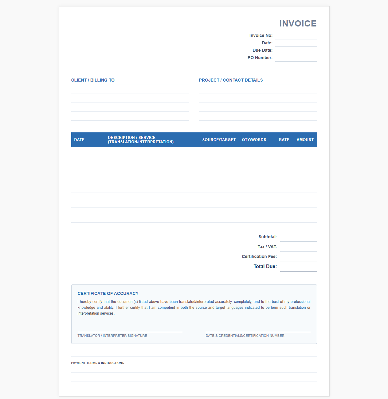 Certified Translation and Interpretation Invoice Form