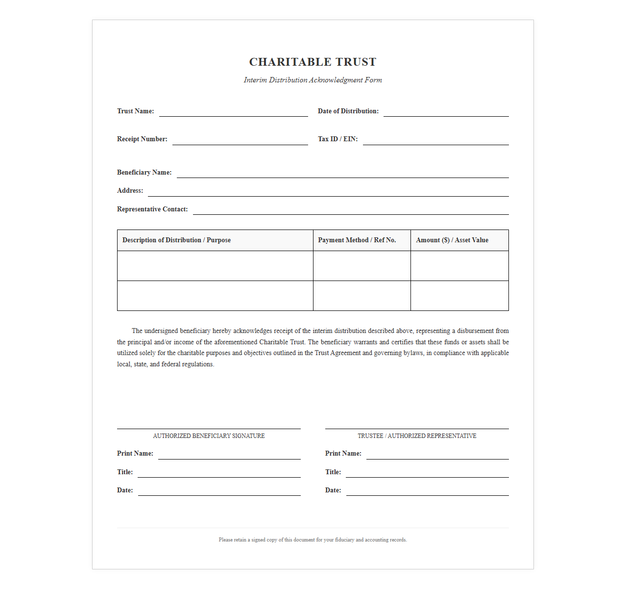 Charitable Trust Interim Distribution Acknowledgment Form