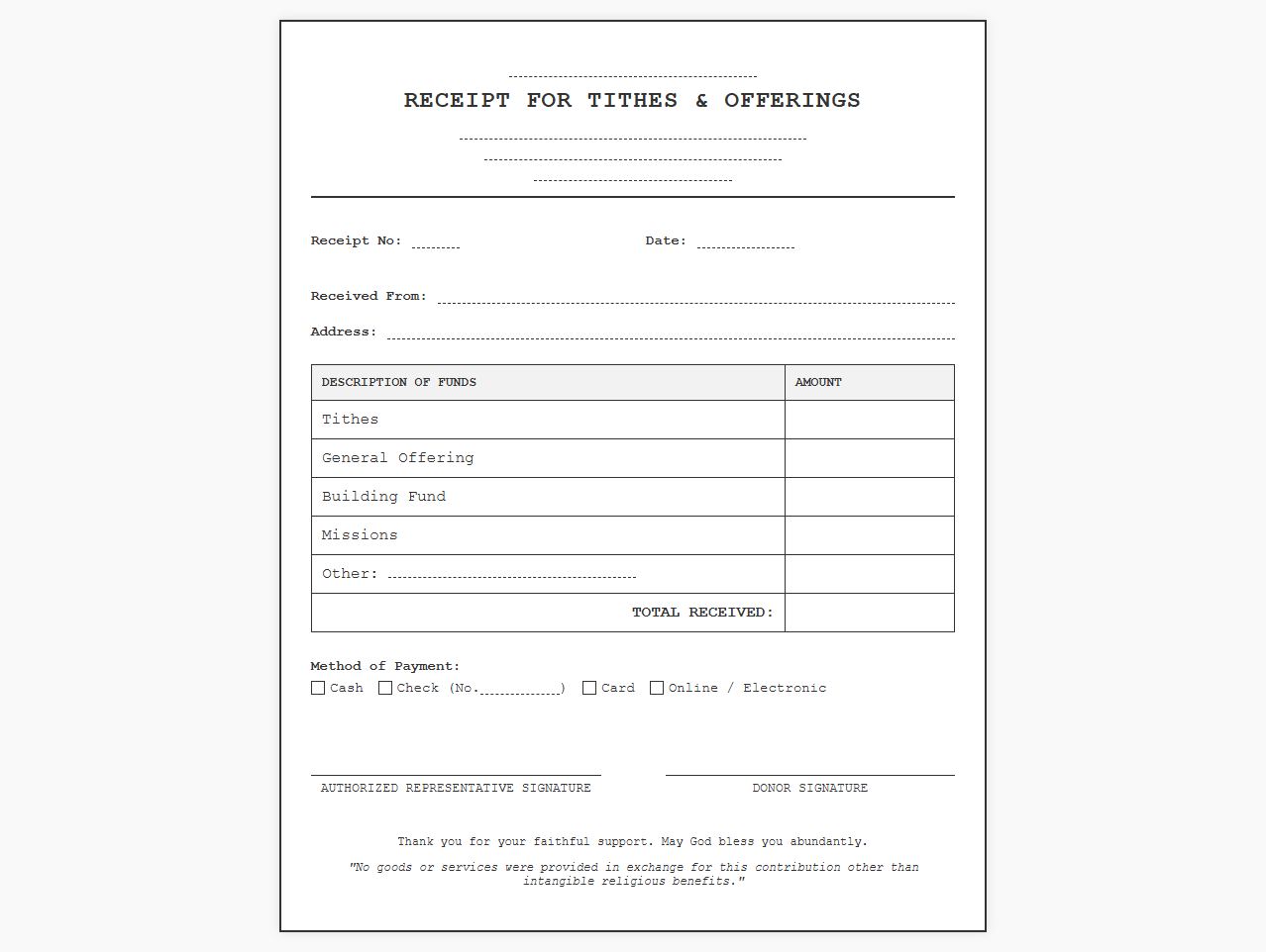 Church Tithe and Offering Receipt Template