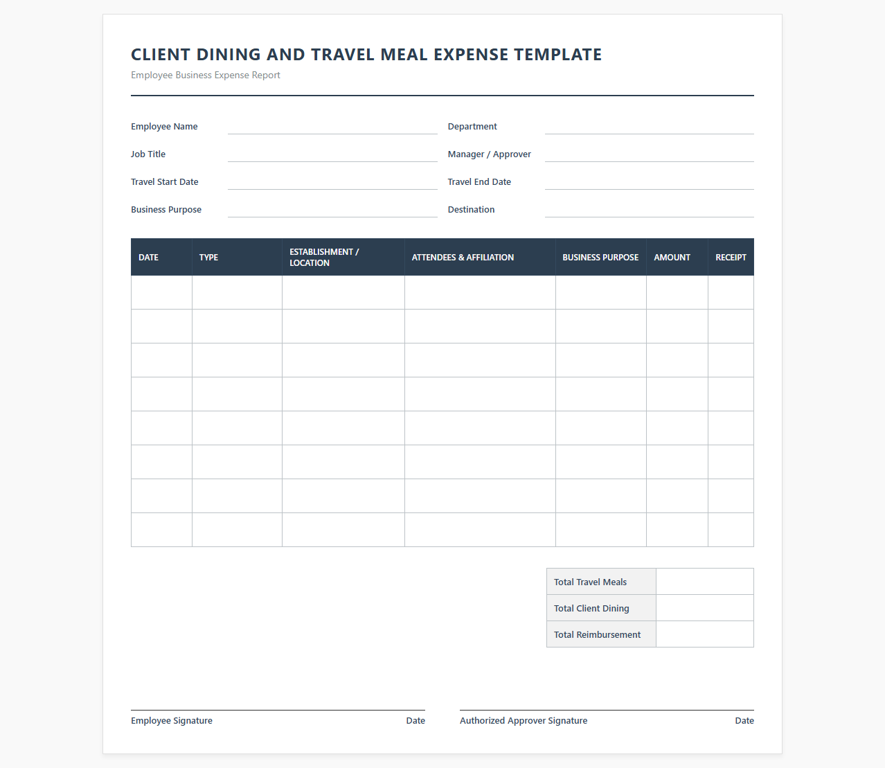 Client Dining and Travel Meal Expense Template
