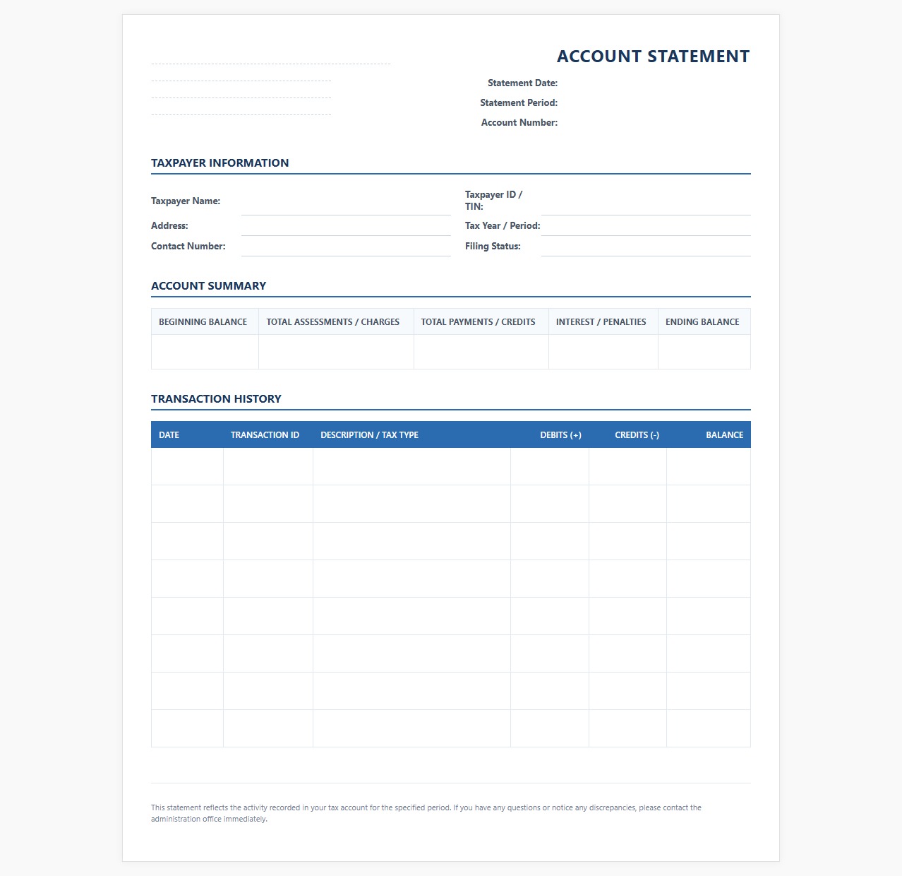 Client Tax Account Activity Statement Template