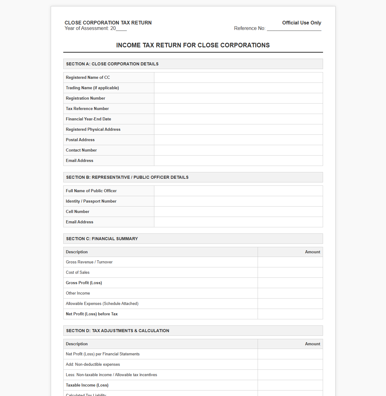 Close Corporation Tax Filing Template