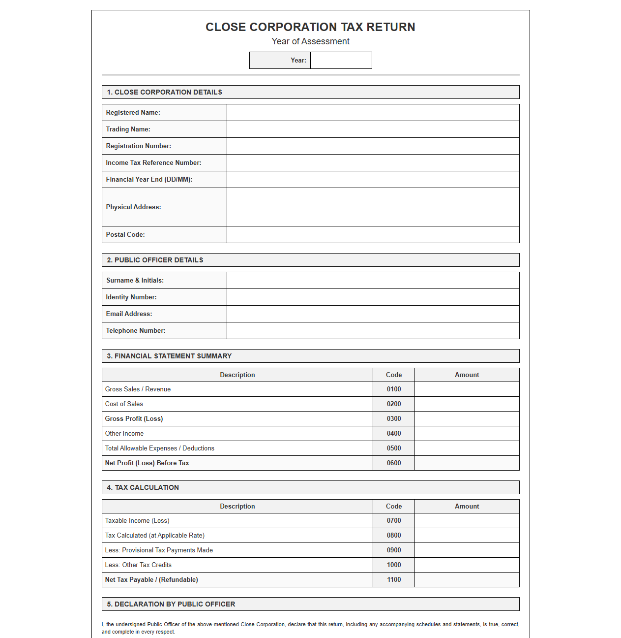 Close Corporation Tax Return Template