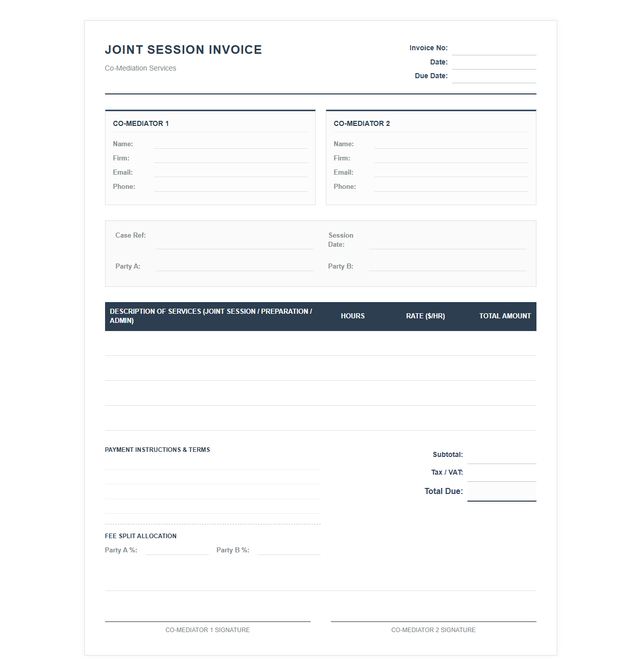 Co-Mediation Joint Session Billing Invoice