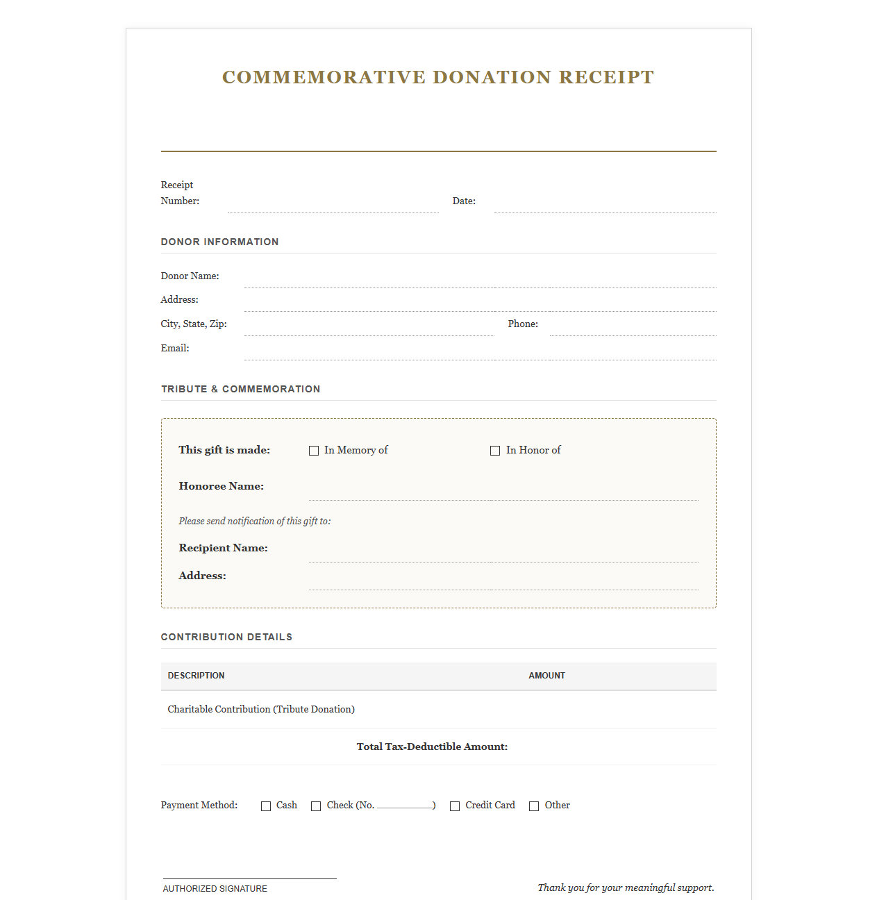 Commemorative Donation Receipt Template