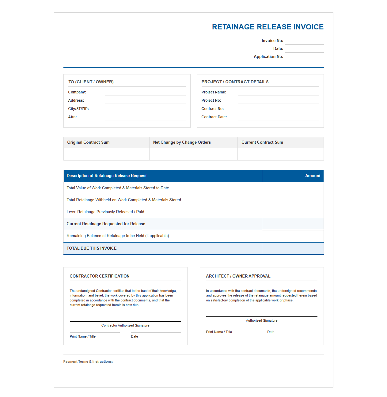 Commercial Construction Retainage Release Invoice Template