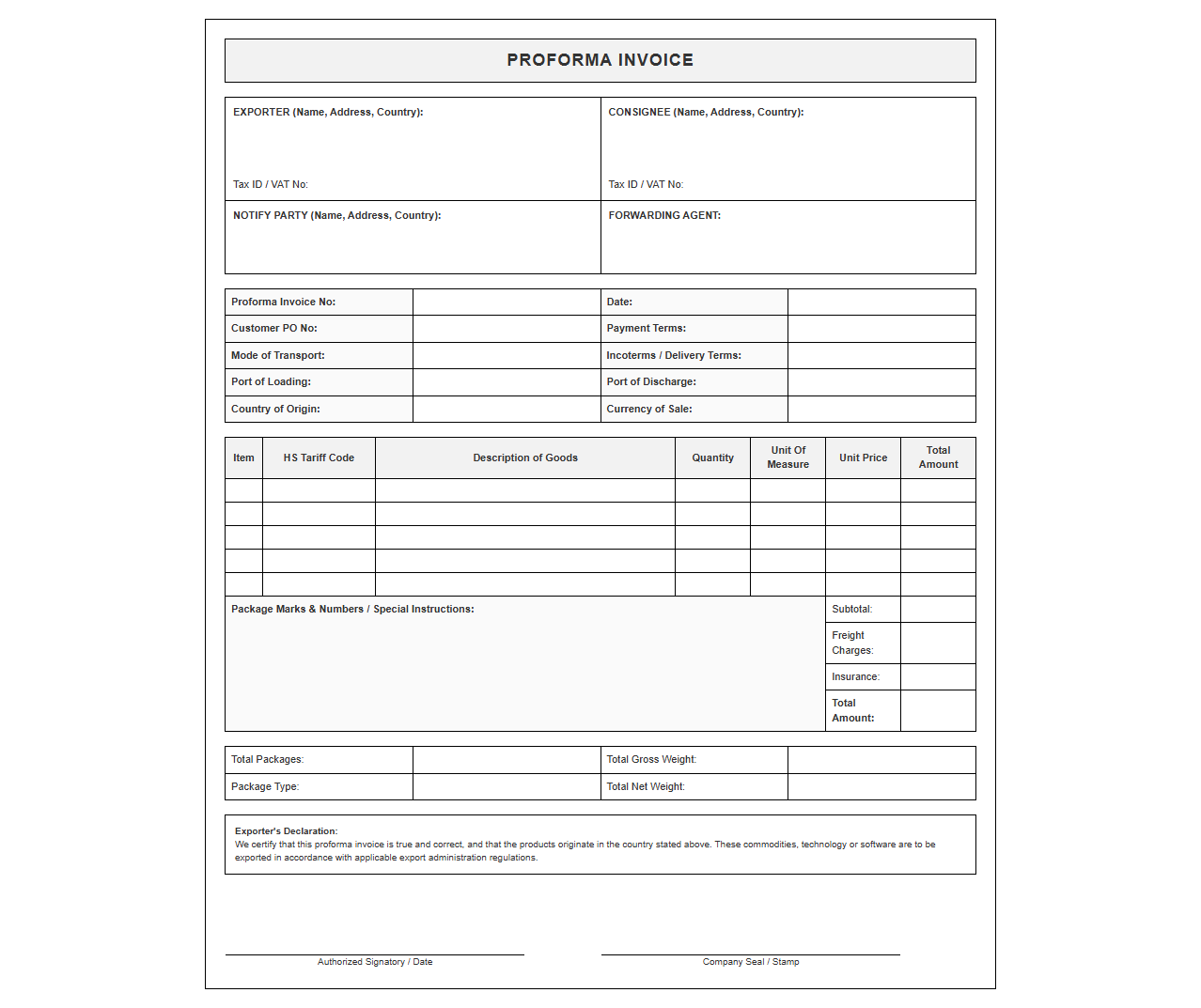 Commercial Customs Proforma Invoice Document