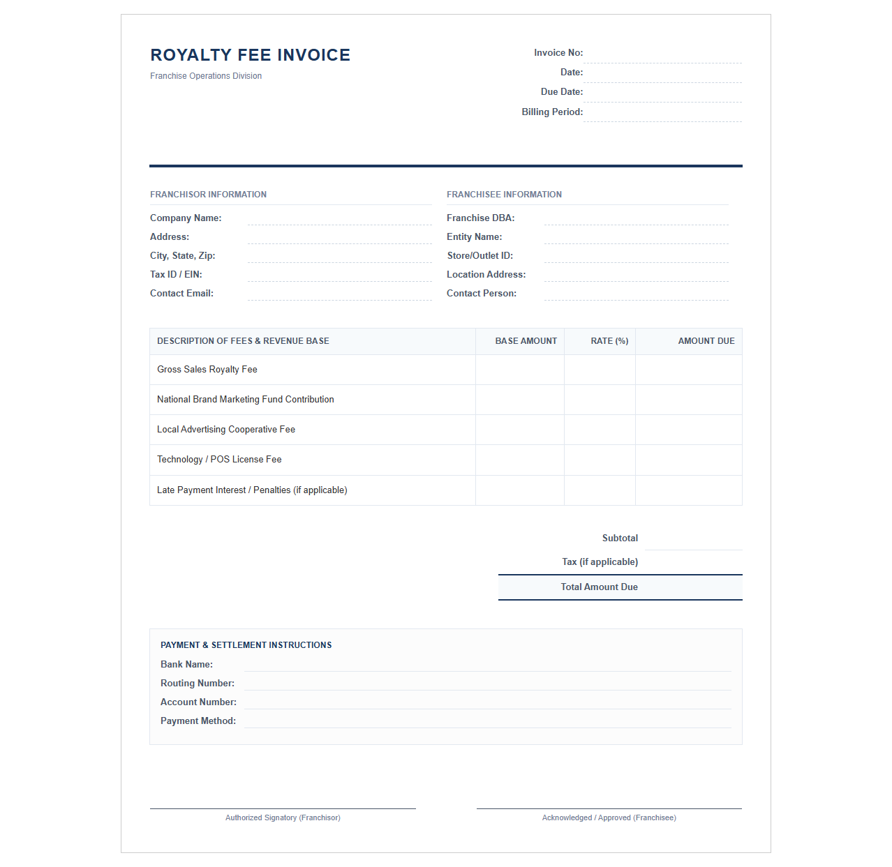 Commercial Franchise Royalty Fee Invoice Template
