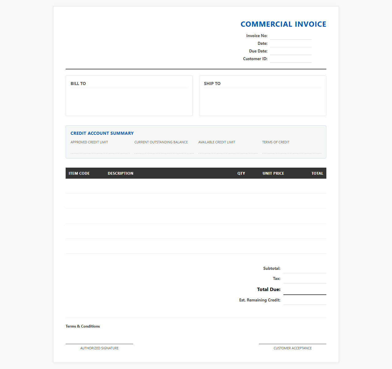 Commercial Invoice detailing Available Credit Limit