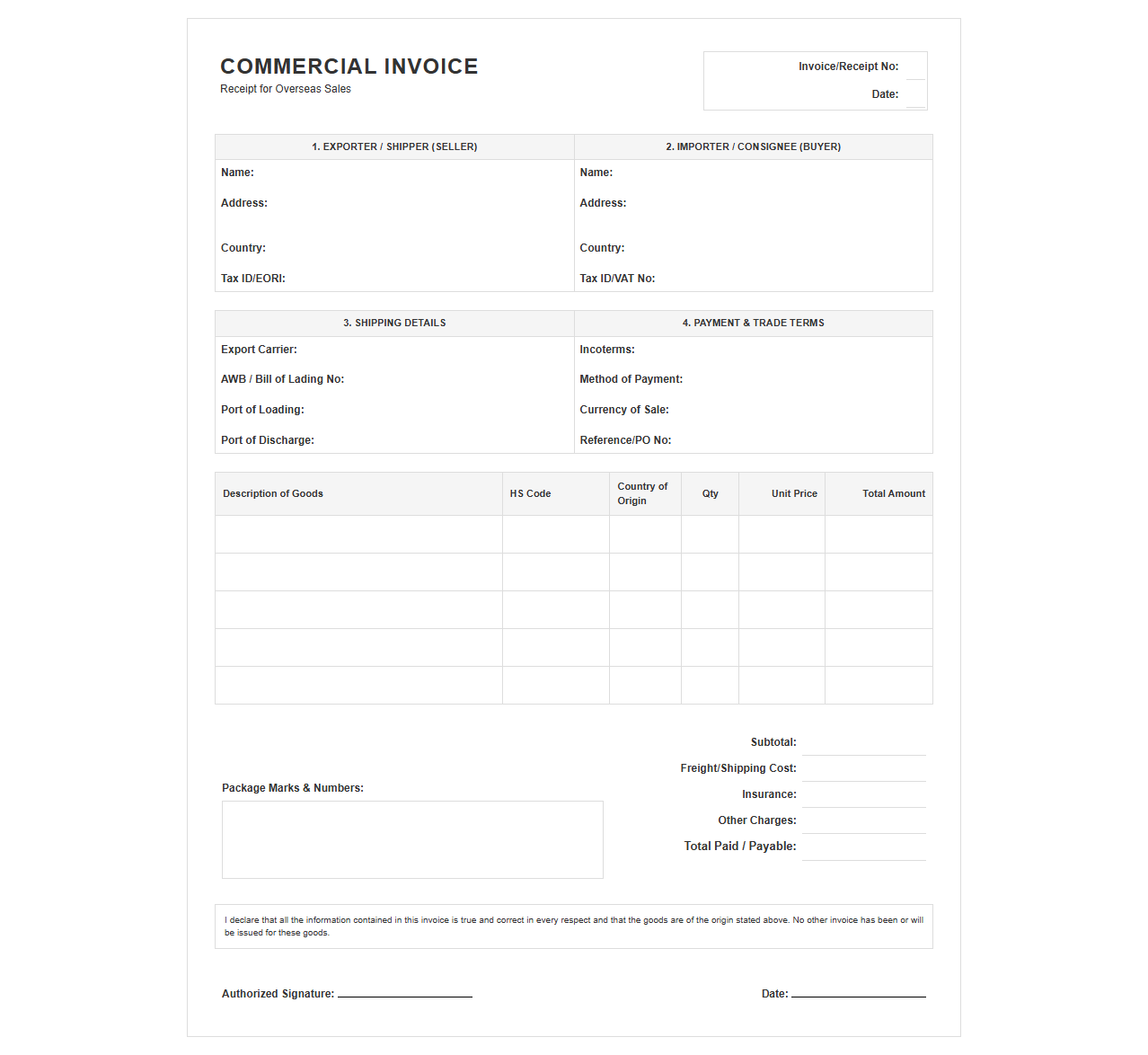 Commercial Invoice Receipt for Overseas Sales