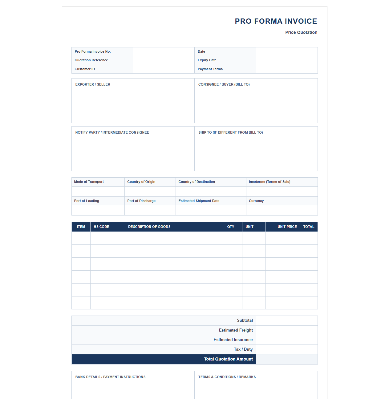 Commercial Pro Forma Invoice for Price Quotes