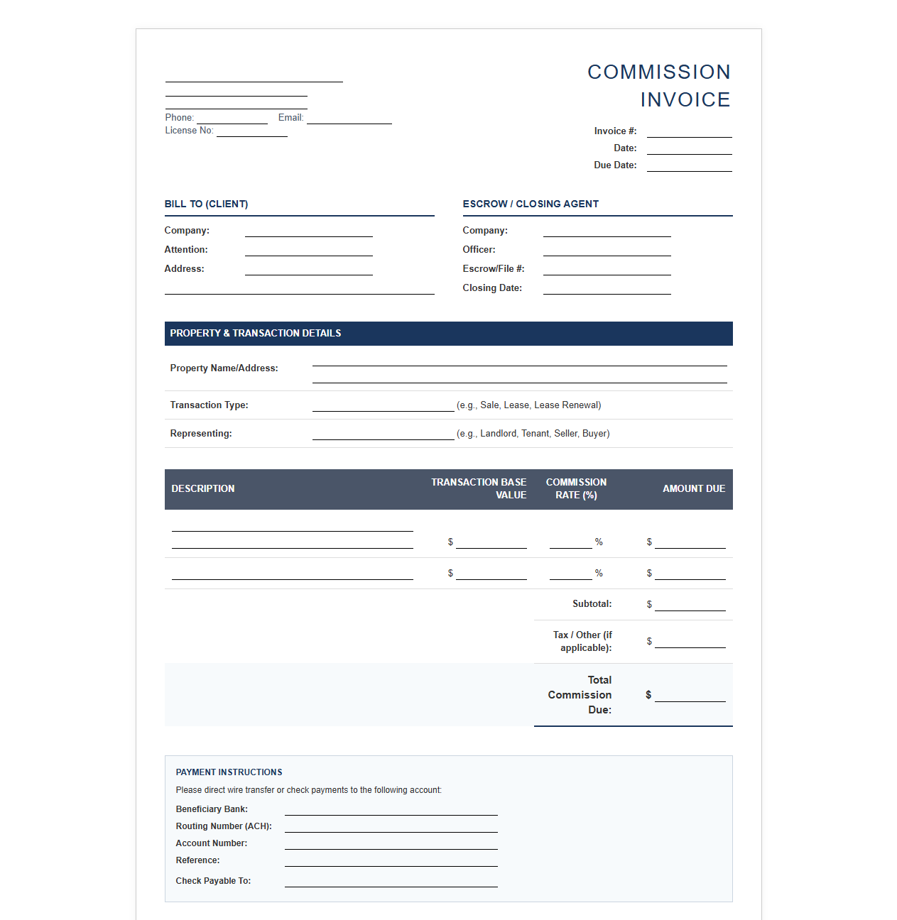 Commercial Real Estate Brokerage Commission Invoice