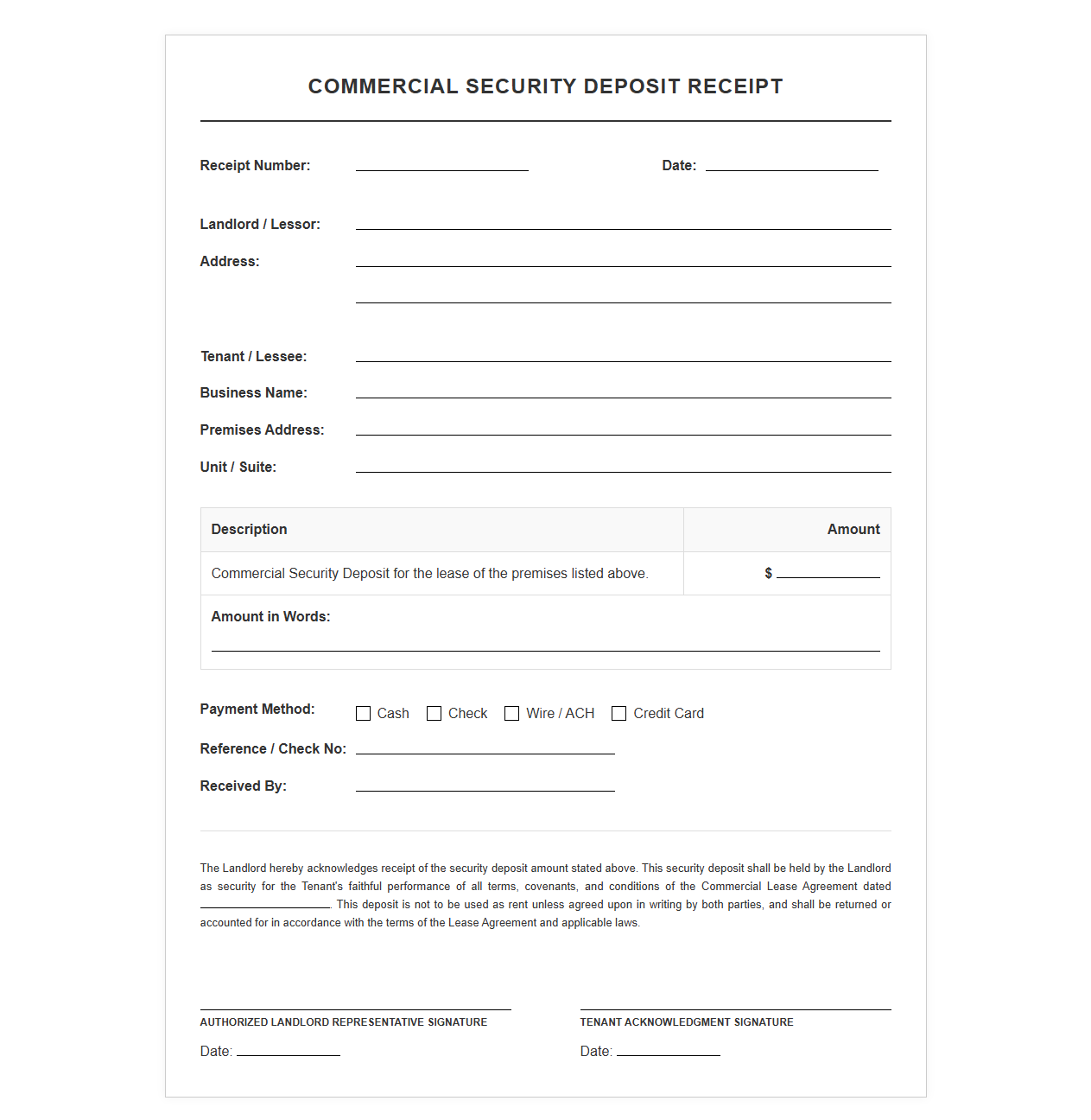 Commercial Security Deposit Receipt Template