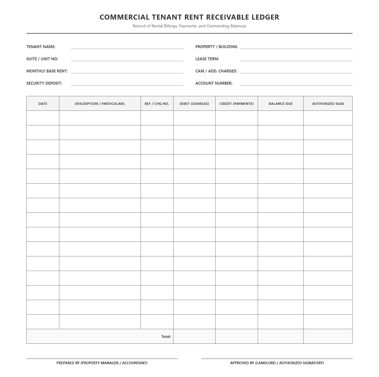 Commercial Tenant Rent Receivable Book