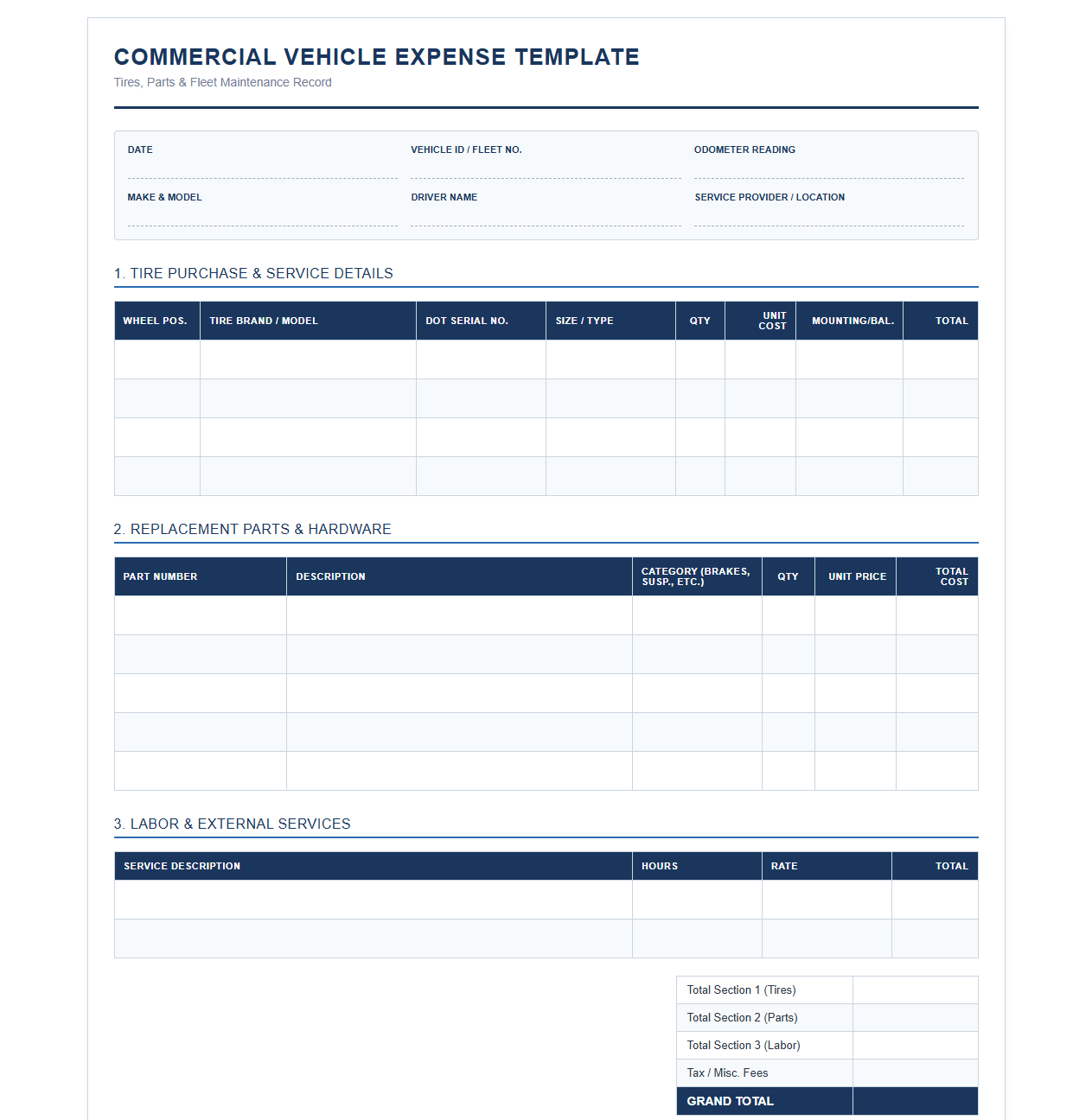 Commercial Vehicle Tire and Parts Expense Template
