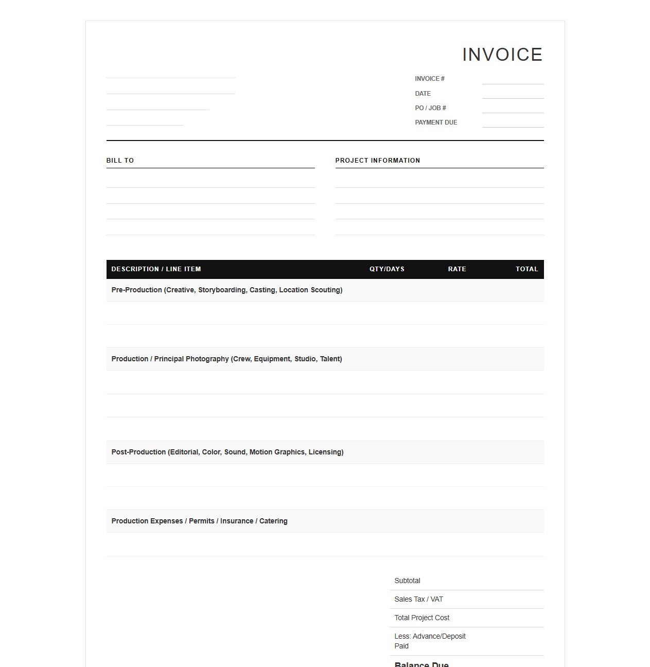 Commercial Video Production Invoice Template