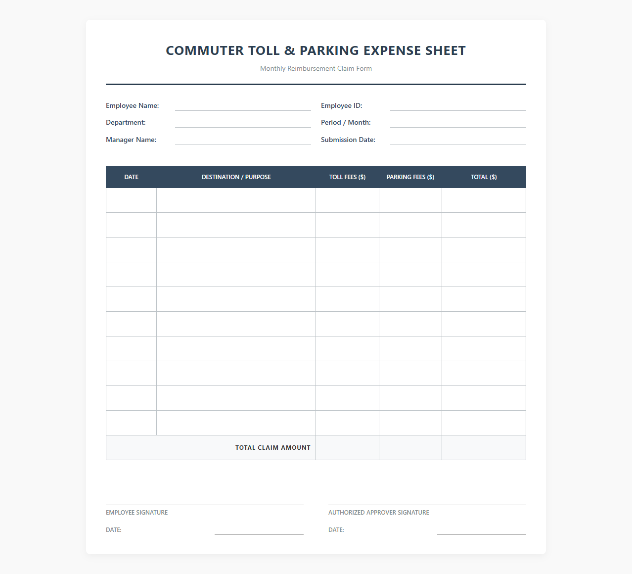 Commuter Toll and Parking Expense Sheet