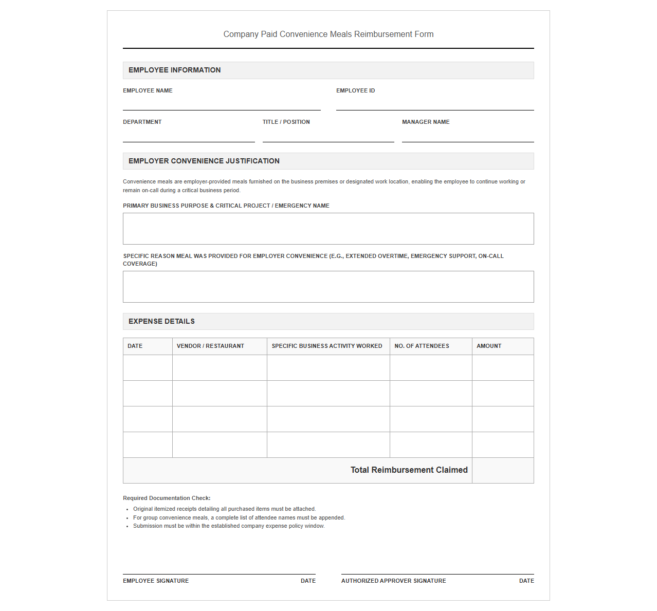 Company Paid Convenience Meals Reimbursement Form