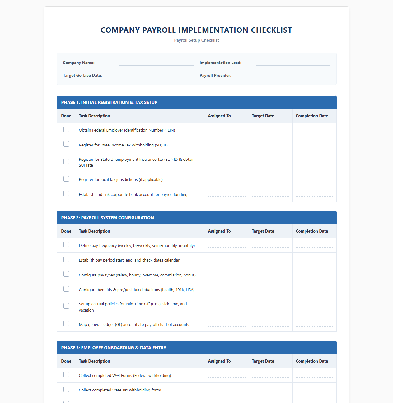 Company Payroll Implementation Checklist Template