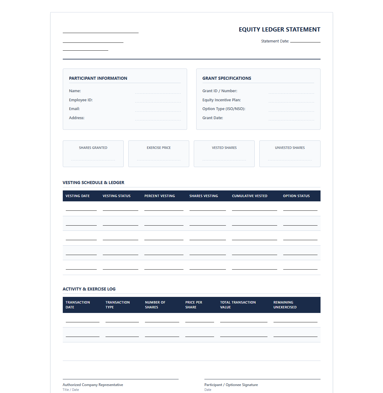 Company Stock Option Equity Ledger Statement