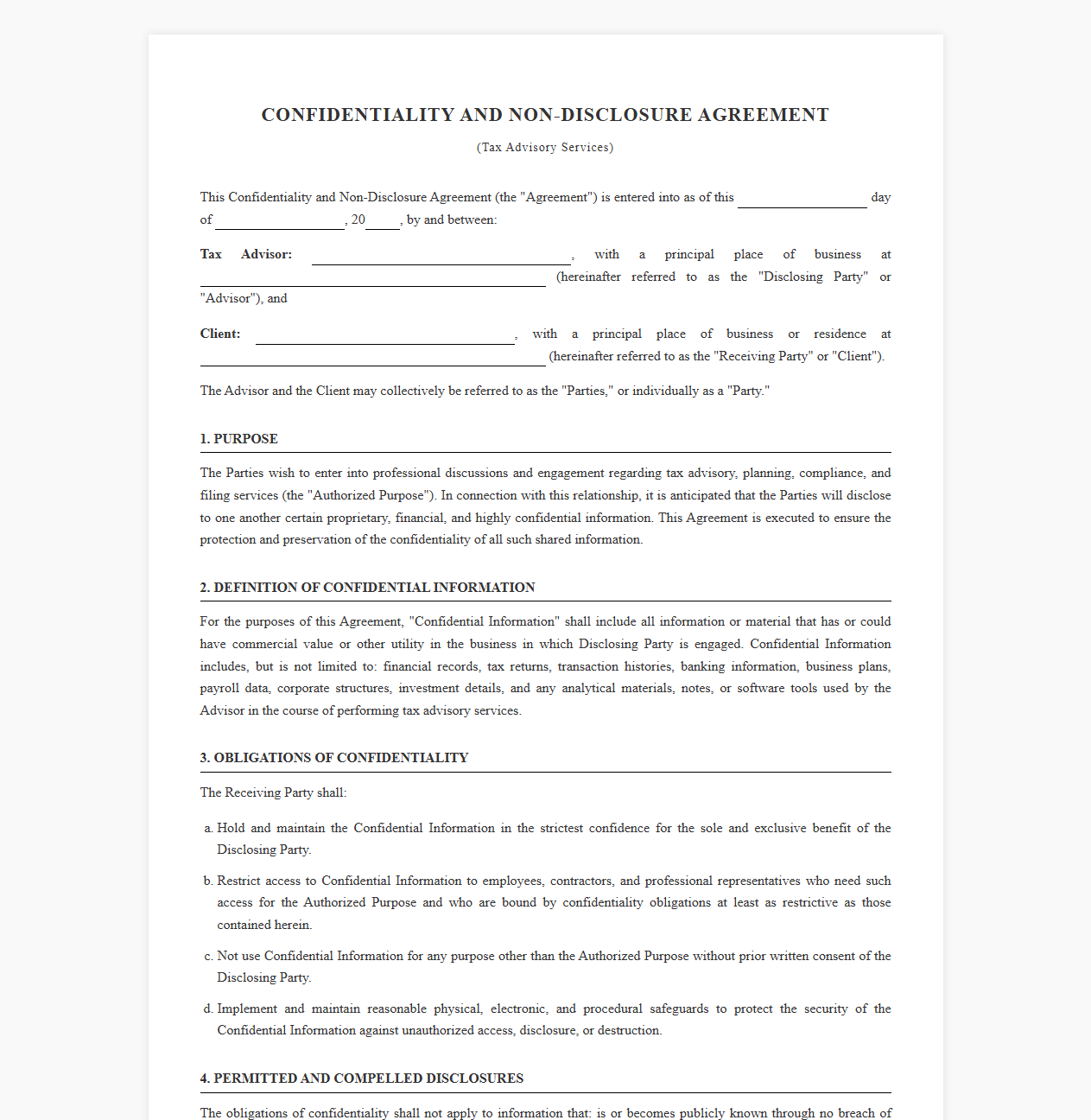 Confidential Tax Advisory Services Agreement Template