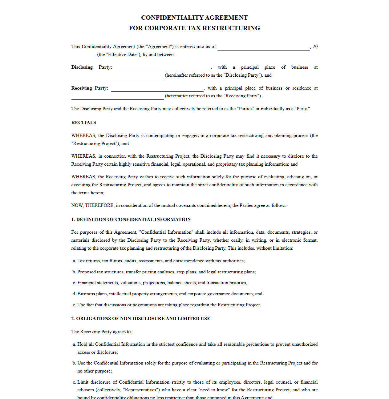 Confidentiality Agreement for Corporate Tax Restructuring