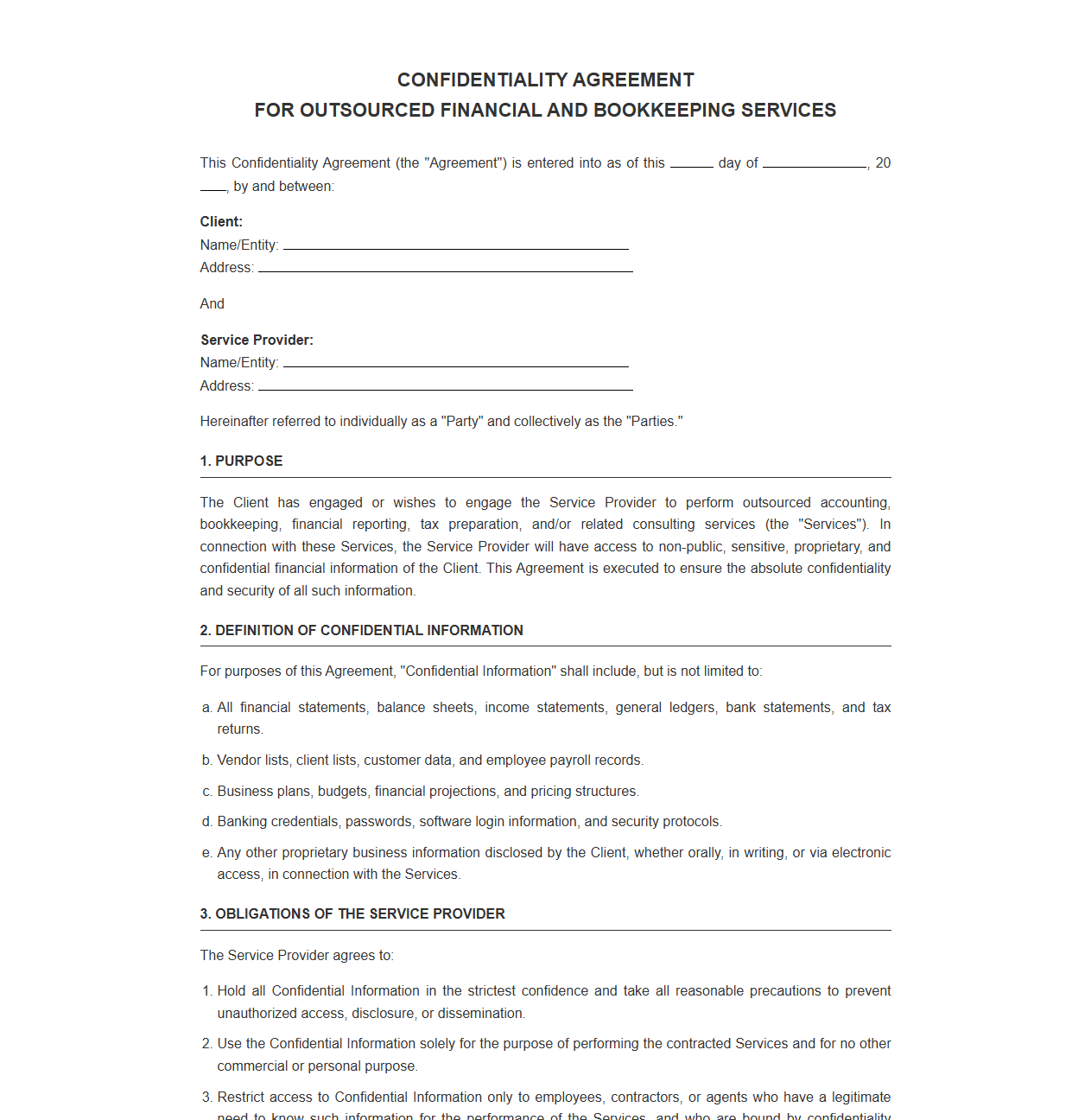 Confidentiality Agreement for Outsourced Financial and Bookkeeping Services