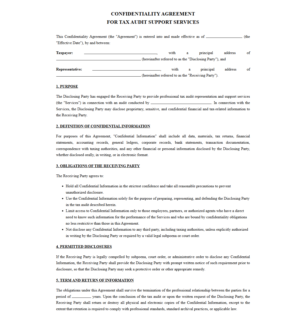 Confidentiality Agreement for Tax Audit Support Services