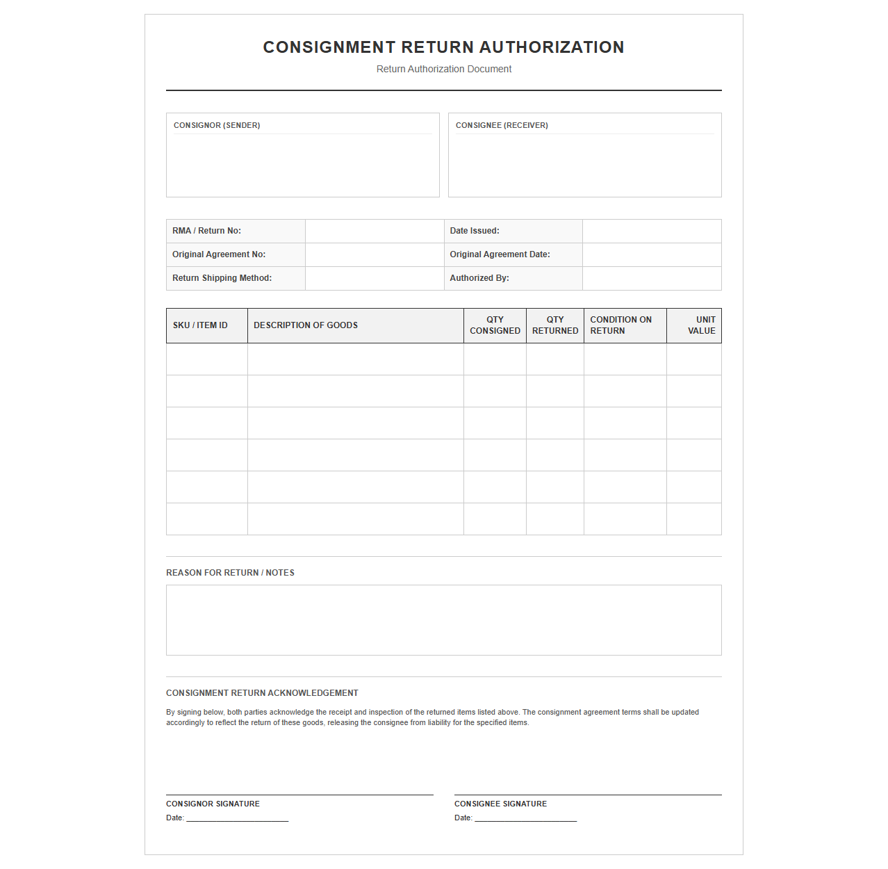 Consignment Sale Return Authorization Template