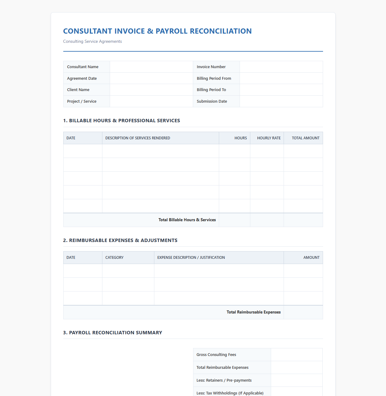 Consultant Invoice and Payroll Reconciliation Template