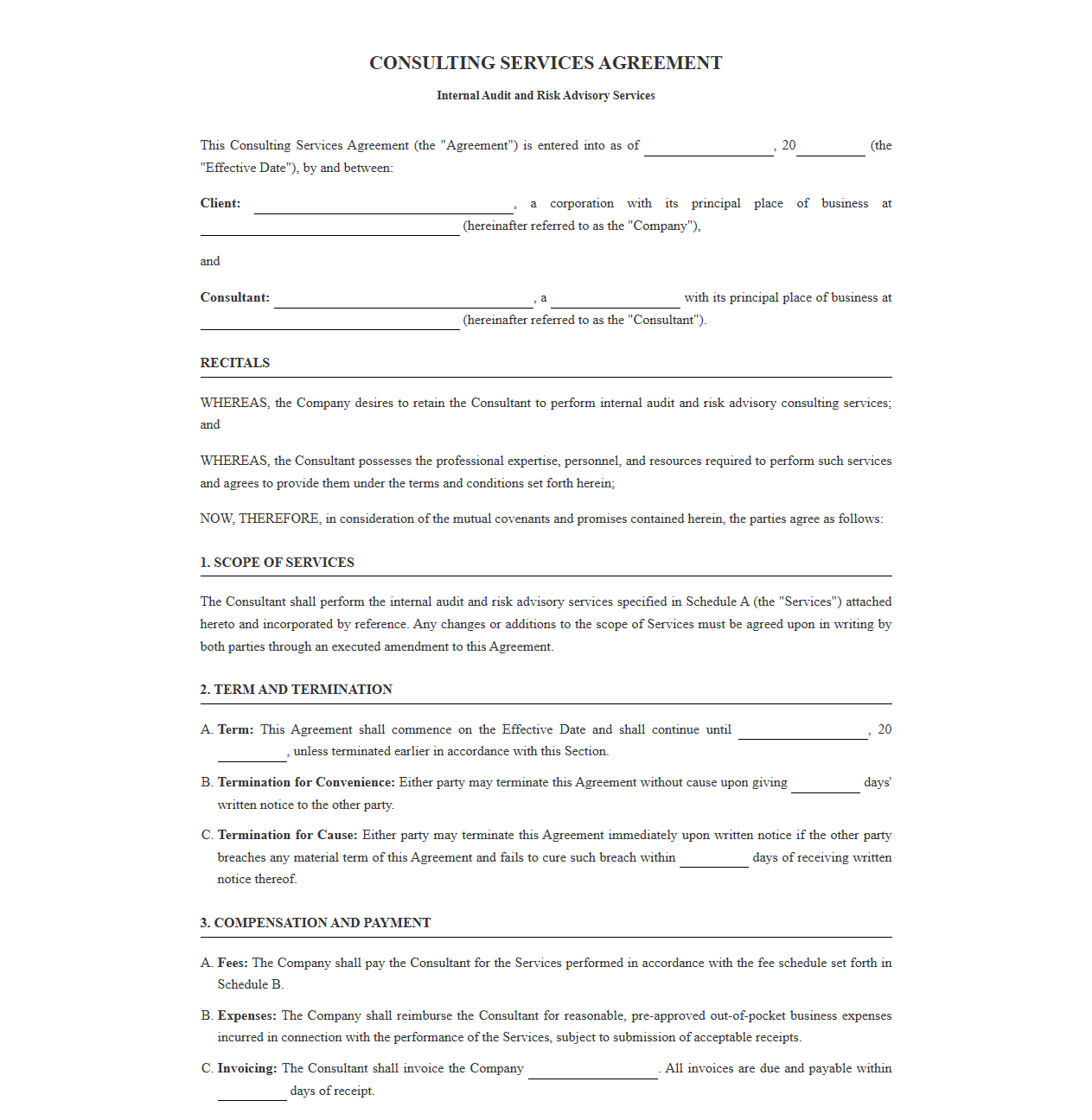 Consulting Services Agreement for Internal Audit and Risk Advisory