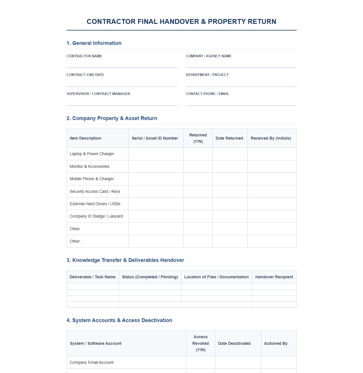Contractor Final Handover and Property Return Template