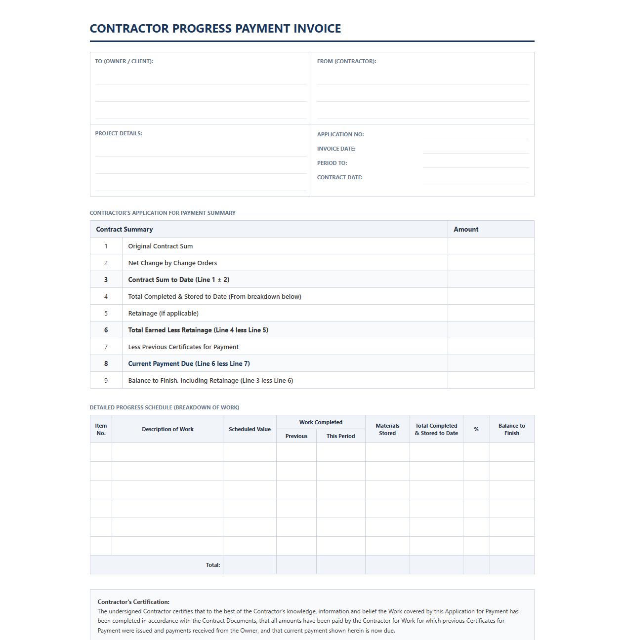 Contractor Progress Payment Invoice Sheet