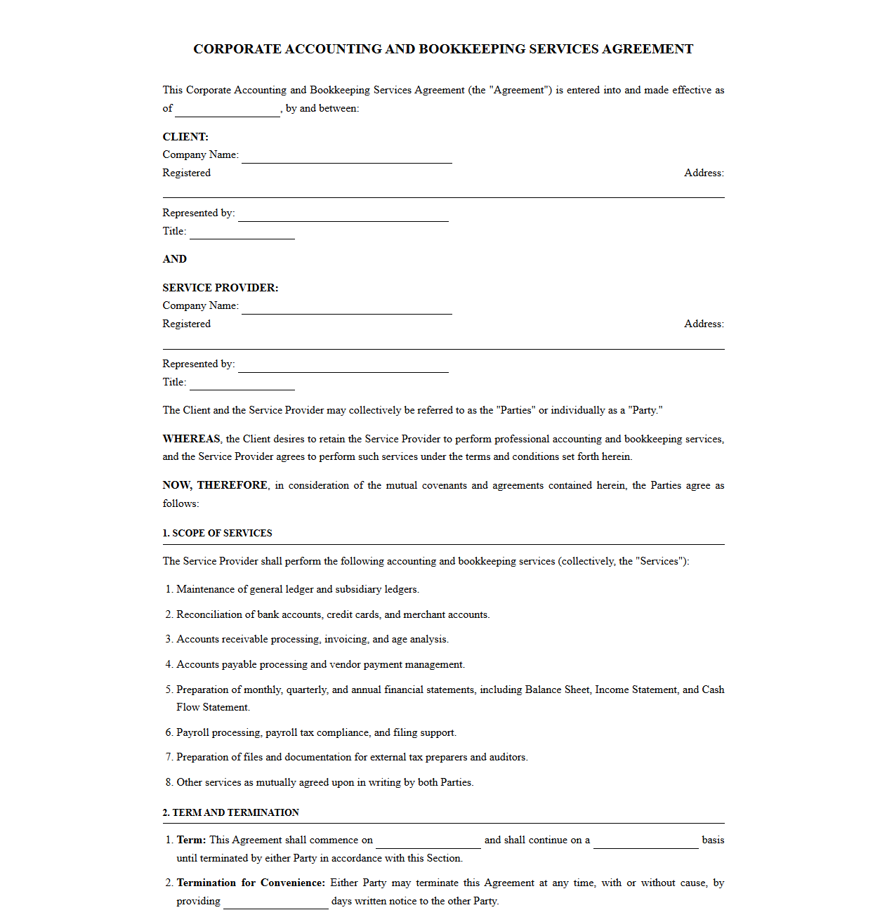 Corporate Accounting and Bookkeeping Services Agreement