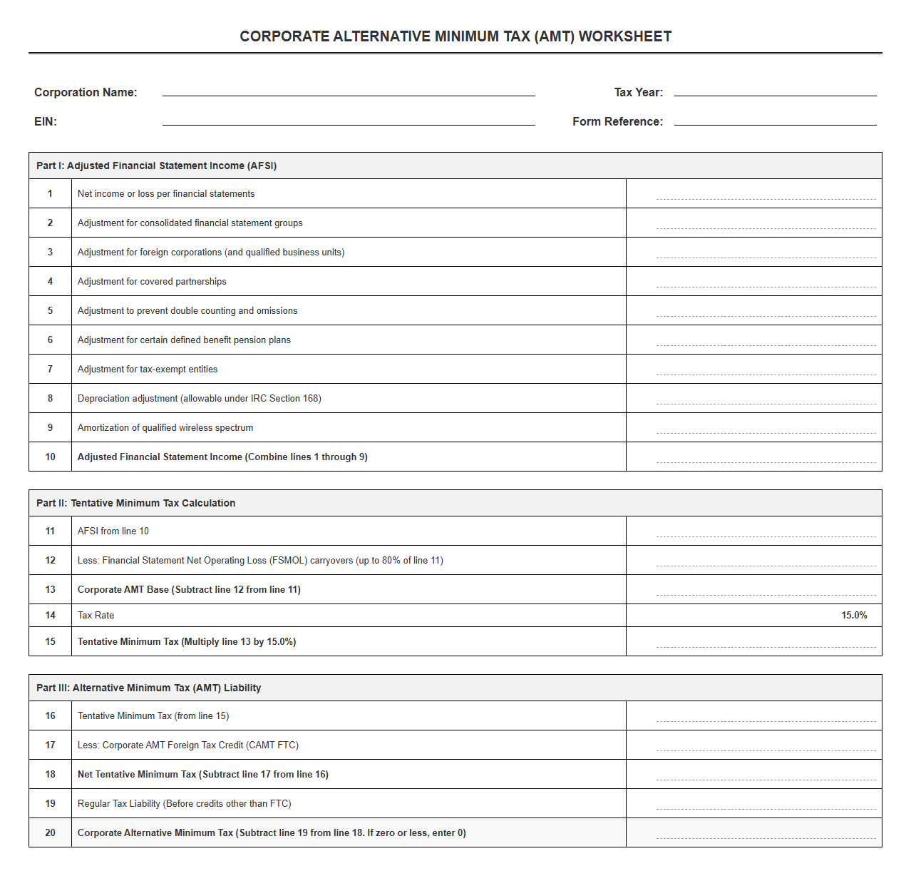 Corporate AMT Tax Return Worksheet