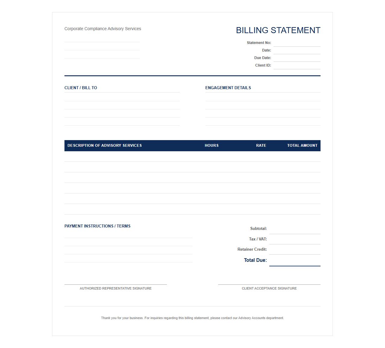 Corporate Compliance Advisory Services Billing Statement