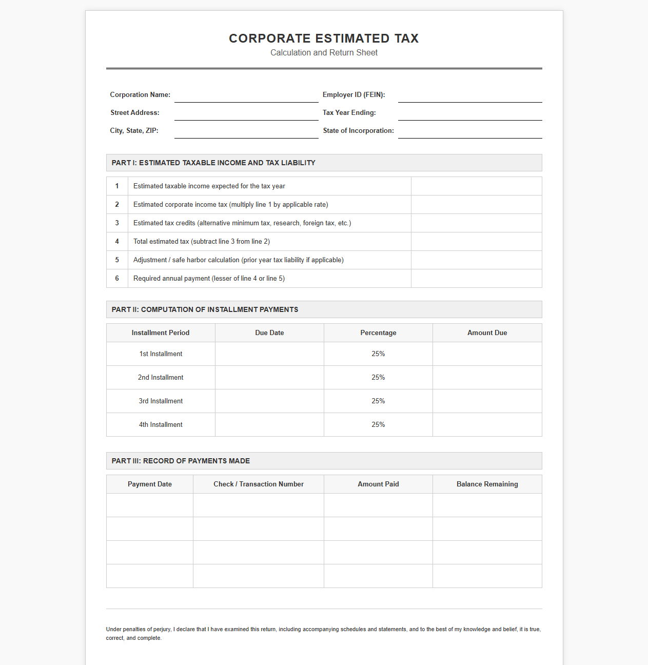 Corporate Estimated Tax Calculation and Return Sheet