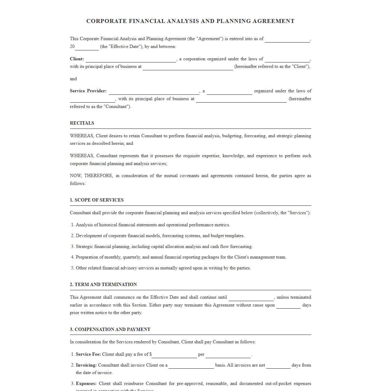Corporate Financial Analysis and Planning Agreement