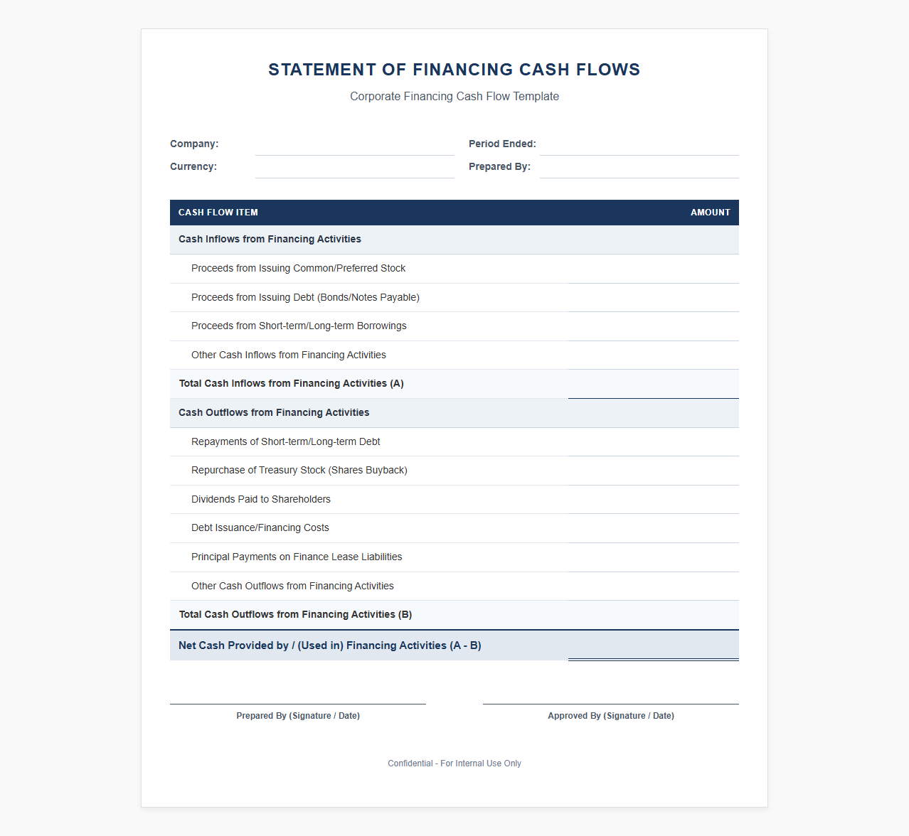 Corporate Financing Cash Flow Statement Template