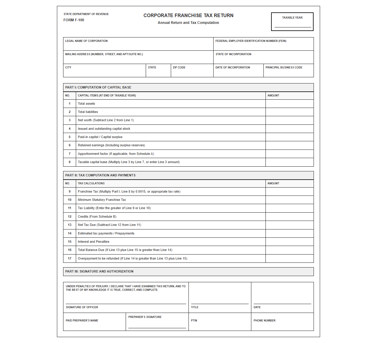 Corporate Franchise Tax Return Template