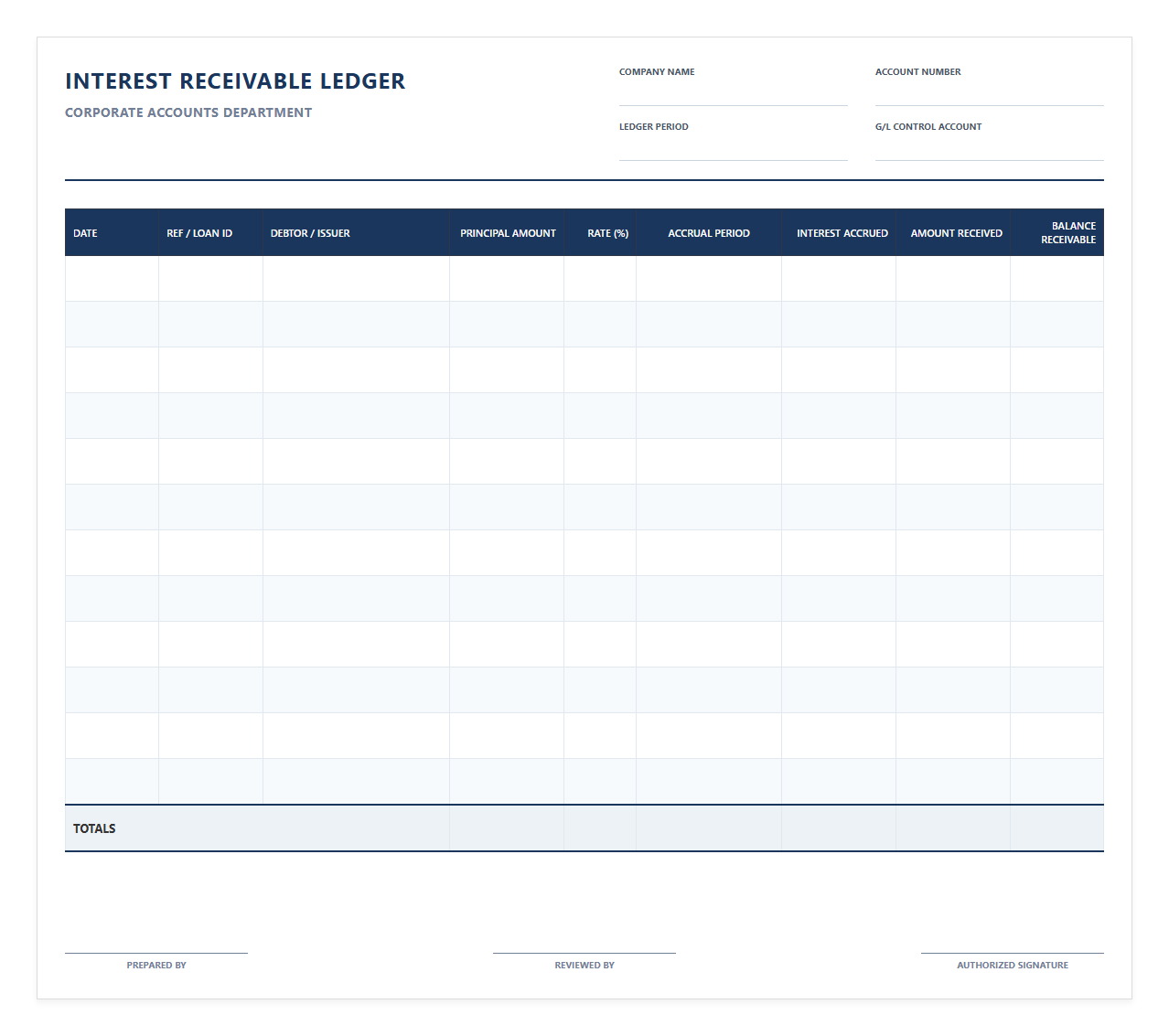 Corporate Interest Receivable Ledger Template