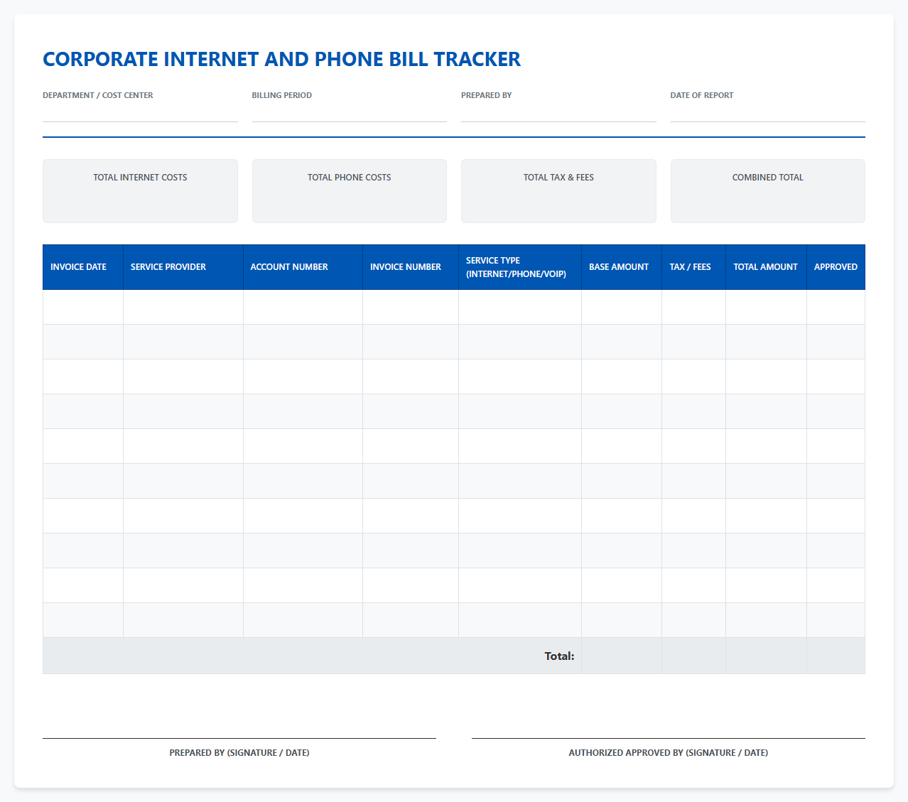 Corporate Internet and Phone Bill Tracker