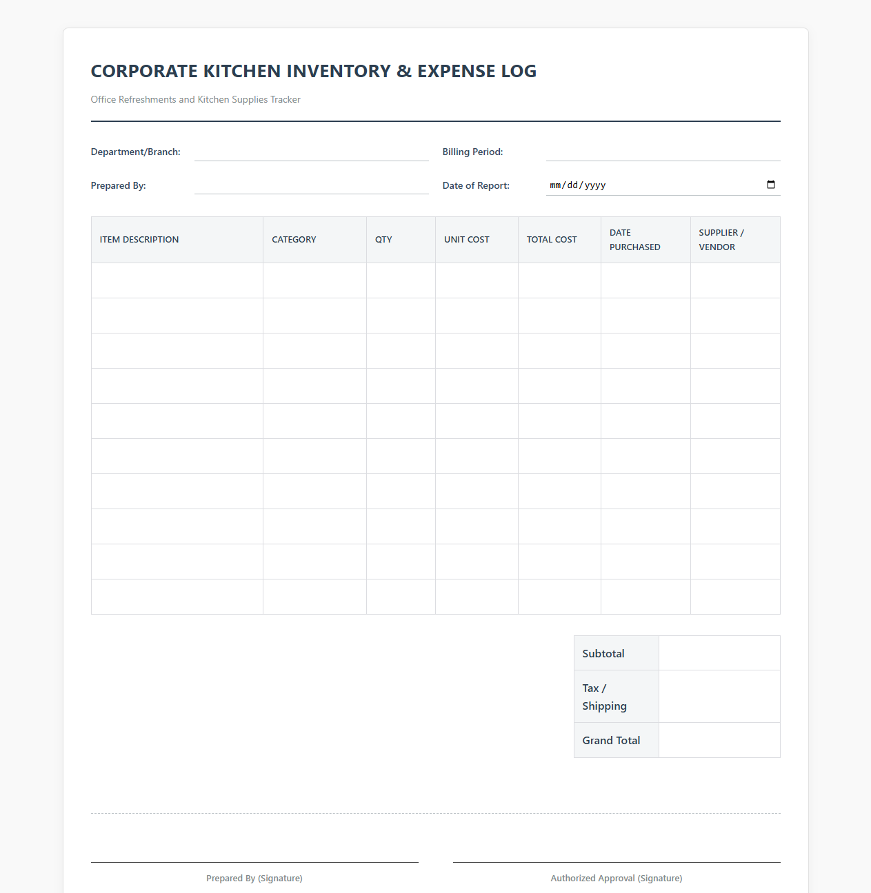 Corporate Kitchen Inventory and Expense Log